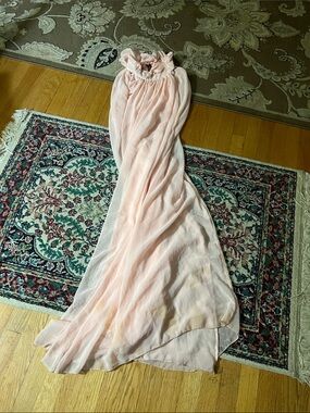 Elegant Pale Pink Maxi Dress with Ruffle Neck vintage